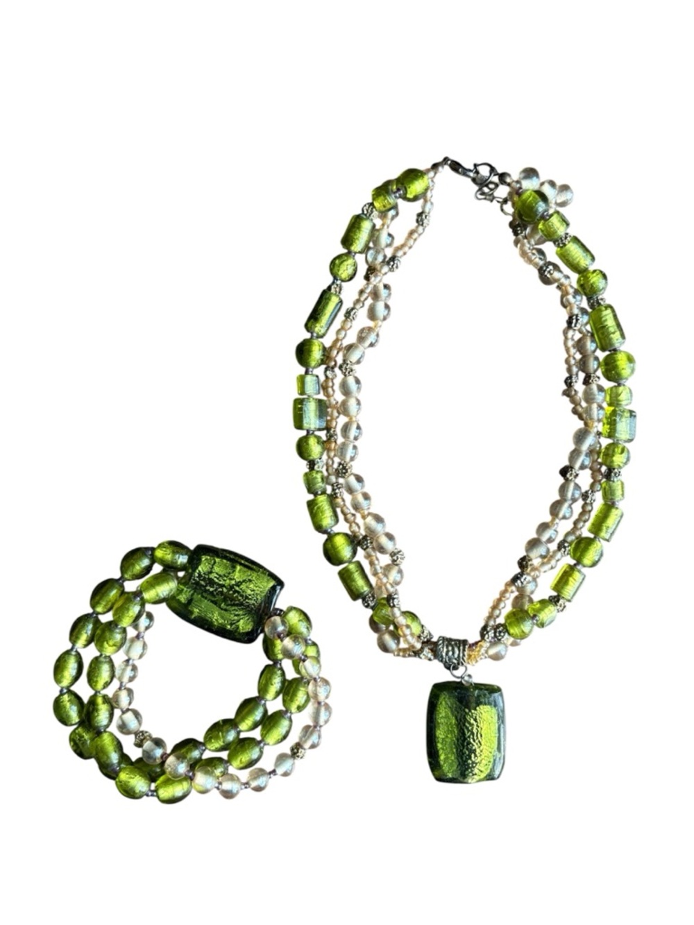 ⭐️ Green Beaded Necklace & Bracelet Set- costume jewelry